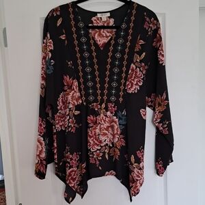 Style And Co Black and Pink Floral Blouse